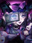  1girl absurdres ado_(utaite) blue_eyes bow camera chando_(ado) choker commentary eyelashes fangs glitch hair_bow hair_ornament hairclip highres kuromi looking_at_viewer miena_(xtxaxyxlxox) mole mole_under_eye my_melody_(series) nail_polish pink_nails purple_bow sailor_collar sanrio spiked_choker spikes 
