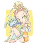  1girl ;) ahoge ass bare_shoulders barefoot bikini blonde_hair blush_stickers bright_pupils chibi chibi_only closed_mouth commentary e4illust eyewear_on_head fish_hair_ornament forehead frilled_thigh_strap full_body green_eyes hair_bun hair_ornament hair_slicked_back hairclip heart heart-shaped_eyewear heaven_burns_red hugging_object knee_up long_hair looking_at_viewer midriff multiple_hairclips official_alternate_costume one_eye_closed ooshima_yotsuha ooshima_yotsuha_(relaxing_tropical_float) orange_bikini outline pink-tinted_eyewear side-tie_bikini_bottom simple_background single_hair_bun smile snorkel soles solo stuffed_animal stuffed_cat stuffed_toy sunglasses swimsuit tareme thigh_strap tinted_eyewear toes two-tone_background white_background white_outline white_pupils yellow_background 
