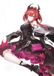  1girl arknights arknights:_endfield bare_shoulders black_dress black_gloves black_horns black_shoes black_sleeves closed_mouth commentary detached_sleeves dress gloves hair_between_eyes hair_intakes high_heels highres horns laevatain_(arknights) long_hair looking_at_viewer pink_dress pink_eyes red_hair sakana_clo shoe_soles shoes simple_background solo surtr_(arknights) two-sided_dress two-sided_fabric white_background 