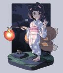  1girl animal animal_ears black_hair border brown_eyes brown_sandals closed_mouth commentary_request floral_print fox_ears fox_girl fox_shadow_puppet fox_tail frog grey_border holding japanese_clothes kimono kitsune kukuri_(mawaru) lantern long_sleeves looking_at_viewer mawaru_(mawaru) night obi original print_kimono purple_kimono sandals sash sky smile solo tail tree watermark wide_sleeves zouri 