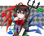  1girl absurdres asymmetrical_wings black_dress black_hair blue_wings blush bow bowtie chinese_commentary closed_mouth commentary_request dress highres houjuu_nue looking_at_viewer medium_hair polearm red_bow red_bowtie red_eyes red_wings short_sleeves smile snake solo touhou trident ufo upper_body watermark weapon wings wu_yu_wanwan 