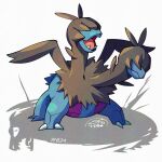  black_fur blue_fur commentary covered_eyes english_commentary fangs mistray-art multiple_heads no_humans numbered open_mouth pokemon pokemon_(creature) signature solo tail two-tone_fur white_background zweilous 