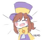  1girl a_hat_in_time blush_stickers brown_hair cape child closed_eyes colored_skin commentary english_commentary facing_viewer fang hair_tie hat hat_kid hat_ribbon jacket lowres medium_hair open_mouth ponytail purple_hat purple_jacket ribbon sidelocks signature simple_background sketch smile softum solo top_hat upper_body white_background white_skin yellow_cape yellow_ribbon zipper_pull_tab 