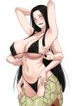 1girl absurdres black_bra black_panties blush bra breasts dara-san_(reiwa_no_dara-san) extra_arms forked_tongue glasgow_smile highres huge_breasts lace-trimmed_bra lace-trimmed_panties lace_trim lamia lingerie long_hair monster_girl navel panties penetration_gesture reiwa_no_dara-san seductive_smile simple_background smile snake_girl snake_tail solo stomach tail thong thong_panties tongue tongue_out underwear very_long_hair wide_mouth xter 