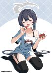  1girl absurdres black_bra black_hair black_thighhighs blue_archive bowl bra breasts character_print closed_eyes collarbone commentary doodle_sensei_(blue_archive) double_bun dragonhsuan13 food fruit garter_straps hair_bun hair_ornament halo highres holding holding_bowl kisaki_(blue_archive) long_hair no_pants open_mouth saliva sensei_(blue_archive) sexually_suggestive shirt short_sleeves simple_background single-shoulder_shirt single_bare_shoulder sitting small_breasts solo strawberry thighhighs tongue tongue_out twintails underwear untranslatable_commentary wariza white_background white_shirt 