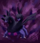  black_fur blue_fur claws covered_eyes highres inktober multiple_heads no_humans pokemon pokemon_(creature) purple_background signature solo sucki-artist two-tone_fur zweilous 