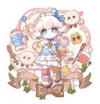  1girl ahoge animal_ear_fluff animal_ears archiboo_(petit_planet) bell blue_bow blue_eyes blush bow brown_bow buttons closed_mouth crossbody_bag dress fluffy_hair full_body furry furry_female headband holding_strap long_hair long_sleeves medowlyn_(petit_planet) neck_bell needle official_art pale_skin petit_planet pink_hair sewing_needle sewing_pin sheep sheep_ears sheep_girl smile spool stuffed_animal stuffed_toy thread 
