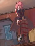  1girl absurdres arms_behind_back black_dress black_pantyhose breasts bubble_tea chair commentary_request dongyunqing dress highres low_wings medium_hair on_chair open_mouth pantyhose pink_eyes pink_hair remielle_dan shibari shibari_over_clothes sitting skindentation solo thighs wings zenless_zone_zero 