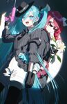  2girls black_gloves black_hat black_jacket black_pantyhose black_shirt blue_eyes blue_hair blush closed_mouth collared_shirt commentary dress_shirt empty_eyes english_commentary eyewear_hang flower gloves grey_shirt hat hatsune_miku highres holding holding_flower holding_hands interlocked_fingers jacket kasane_teto long_hair looking_over_eyewear multiple_girls pantyhose pantyhose_under_shorts pentagon_(railgun_ky1206) red_eyes red_hair shirt shorts standing striped_clothes striped_shirt sunglasses suspender_shorts suspenders suspenders_slip tilted_headwear twintails unworn_eyewear utau vertical-striped_clothes vertical-striped_shirt very_long_hair vocaloid water water_gun white_flower white_shorts wimpy_fall_(vocaloid) 