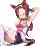  1girl animal_ears armpit_focus armpits arms_up asymmetrical_gloves beleven black_gloves blush breasts brown_hair closed_mouth epaulettes flower_in_eye gloves gold_hairband hairband highres horse_ears horse_girl horse_tail large_breasts long_hair looking_at_viewer mismatched_gloves neckerchief one_eye_closed ponytail presenting_own_armpit purple_eyes sakura_bakushin_o_(blossom_in_learning)_(umamusume) sakura_bakushin_o_(umamusume) shorts simple_background sitting sleeveless sleeveless_jacket smile solo sweat sweaty_armpits symbol_in_eye tail thighhighs thighs umamusume white_gloves white_thighhighs yellow_neckerchief 
