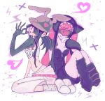  2girls absurdres alien_stage animal_ears bare_shoulders barrsizz belt black_hair commentary crop_top grey_hat grey_socks hair_between_eyes hat heart heart-shaped_pupils highres long_hair looking_at_viewer mizi_(akuma)_(zombie_stage) mizi_(alien_stage) mizi_(zombie_stage) multiple_girls pink_belt pink_hair purple_eyes rabbit_ears socks sua_(alien_stage) sua_(tenshi)_(zombie_stage) sua_(zombie_stage) symbol-shaped_pupils thick_eyebrows zipper_pull_tab zombie_stage 