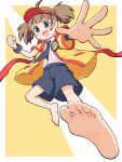  1girl :d ahoge back_ribbon badge bandaid bandaid_on_knee bandaid_on_leg barefoot black_eyes black_necktie black_shorts blush_stickers border brown_hair button_badge clenched_hand collared_shirt commentary contrast_collar cut_bangs employee_uniform fast_food_uniform feet flying_kick foot_focus foreshortening from_below full_body happi headset highres imadake_dabuchi_tabemi japanese_clothes kicking knee_up looking_at_viewer mcdonald's midair necktie nodai_musashi open_hand open_happi open_mouth outstretched_arm outstretched_leg pinstripe_pattern pinstripe_shirt red_ribbon red_trim red_visor_cap ribbon shirt shirt_tucked_in short_hair short_sleeves short_twintails shorts smile soles solo spread_fingers striped_clothes striped_shirt tie_clip toenails toes twintails v-shaped_eyebrows vertical-striped_clothes vertical-striped_shirt visor_cap white_border white_shirt wristband yellow_background yellow_happi 
