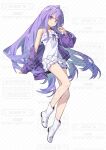  1girl ahoge arnold-s boots breasts closed_mouth collarbone commentary_request dress full_body highres jacket long_hair looking_at_viewer off_shoulder original purple_eyes purple_hair purple_jacket purple_ribbon ribbon simple_background sleeveless sleeveless_dress small_breasts solo too_many_watermarks watermark white_background white_boots white_dress 