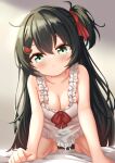  1girl absurdres all_fours barefoot black_hair blanket breasts cleavage closed_mouth commentary_request dress food-themed_hair_ornament green_hair hair_ornament hair_ribbon highres long_hair looking_at_viewer medium_breasts melon_hair_ornament one_side_up original red_ribbon ribbon urotsuki_(uro30) very_long_hair white_dress 
