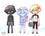  3boys alternate_costume alternate_hairstyle antenna_hair barefoot basil_(faraway)_(omori) basil_(headspace)_(omori) basil_(omori) black_hair black_skin blonde_hair blue_eyes blush chibi chibi_only closed_mouth collarbone collared_shirt colored_skin commentary_request crab double-parted_bangs eating flip-flops flower flower_wreath food fruit green_eyes green_hair green_shirt hair_between_eyes hair_flower hair_ornament head_wreath holding holding_ice_cream_cone ice_cream ice_cream_cone invisible_floor jewelry looking_at_viewer low_ponytail male_focus male_swimwear multiple_boys multiple_persona necklace omori open_clothes open_mouth open_shirt ponytail sakakien sandals shirt short_ponytail sidelocks simple_background smile standing stranger_(omori) swim_trunks topless_male watermelon white_background white_eyes 
