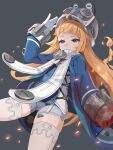  1girl ahoge blonde_hair blue_jacket braid commentary_request expressionless floating gloves grey_background grey_hat grey_shorts hand_up hat highres jacket jitome long_hair norma_hollowell parted_lips purple_eyes shako_cap short_shorts shorts simple_background solo thighhighs thighs very_long_hair wapokichi white_gloves white_thighhighs zenless_zone_zero zettai_ryouiki 
