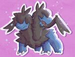  black_fur blue_fur claws commentary covered_eyes english_commentary fangs lago-moth multiple_heads no_humans open_mouth outline pink_background pokemon pokemon_(creature) solo sparkle two-tone_fur white_outline zweilous 