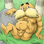  1:1 age_difference animal_genitalia anthro anus balls butt dudebulge facial_hair feet fur genitals hi_res looking_up lying male mustache navel nipples older_male on_back orange_body orange_fur penis sheath slightly_chubby solo text the_lorax the_lorax_(character) unknown_species url yellow_body yellow_fur 