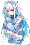  1girl a-rufu apron bandaid bandaid_on_knee bandaid_on_leg bare_shoulders blue_hair blue_hairband blue_jacket blue_shoes blue_streaks blunt_bangs chest_harness closed_mouth colored_inner_hair commentary crossed_bandaids detached_sleeves elbow_on_knee elbow_rest embarrassed frilled_apron frilled_hairband frills full_body grey_hair hair_ornament hairband hairclip hand_on_own_face harness head_on_hand head_rest highres jacket jersey_maid leg_warmers legs_folded lize_helesta long_hair maid maid_apron multicolored_hair nijisanji official_alternate_costume purple_eyes ribbon shoes simple_background sleeveless sleeveless_jacket sleeves_past_wrists sneakers solo squatting squiggle streaked_hair striped_clothes striped_jacket sweat sweatdrop track_jacket twitter_username two_side_up unconventional_maid untranslatable_commentary virtual_youtuber waist_apron white_apron white_background white_leg_warmers white_ribbon zipper_pull_tab 