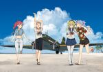  4girls ahoge aircraft airplane alternate_costume annin_musou arm_up black_shorts blonde_hair blue_eyes blue_hair blue_sailor_collar blue_shirt blue_skirt blush book casual closed_mouth cloud cloudy_sky collared_shirt day fang g4m glasses hair_between_eyes hat holding holding_book i-168_(kancolle) i-19_(kancolle) i-58_(kancolle) i-8_(kancolle) kantai_collection long_hair multiple_girls navel neckerchief one_eye_closed open_mouth palm_tree pants pink_eyes pink_hair pleated_skirt ponytail red-framed_eyewear red_eyes sailor_collar sandals school_uniform serafuku shirt short_hair short_sleeves shorts skirt sky smile thighhighs tree tri_tails white_headwear white_pants white_shirt white_thighhighs yellow_neckerchief 