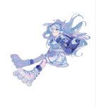  1girl :< animal_ears bag black_eyes black_hair blue_necktie blue_skirt celestine0073 chinese_text commentary cowlick dress eyepatch fake_animal_ears floating_hair full_body gradient_eyes half-sleeves hand_warmer headphones highres holding_strap hood hoodie inline_skates long_hair looking_at_viewer medium_skirt midriff_peek multicolored_eyes necktie original pale_skin rabbit_ears roller_skates sailor_collar sailor_dress sailor_shirt school_bag school_uniform shirt sidelocks single_thighhigh skates skirt solo thighhighs watermark white_background white_hair white_hoodie white_shirt 