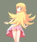  1girl absurdres ass ass_peek blonde_hair blush_stickers dress from_behind highres kikumaru_bunta long_hair looking_at_viewer looking_back monogatari_(series) no_panties oshino_shinobu smile solo thigh_gap yellow_eyes 