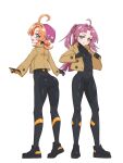  2girls :d ahoge akechi_anna aqua_eyes ass beret black_bodysuit black_gloves black_shoes blunt_bangs blunt_ends blush bodysuit bodysuit_under_clothes breasts brown_coat buttons closed_mouth coat commentary cosplay curtained_hair double_bun emma_(pokemon) emma_(pokemon)_(cosplay) from_behind full_body gloves green_eyes hair_bun hair_intakes hair_ornament hair_ribbon hat heel_up highres kobayashi_mikuru lapels latex latex_bodysuit long_hair long_sleeves looking_at_viewer looking_back meitantei_precure! multicolored_gloves multiple_girls open_clothes open_coat open_mouth orange_gloves parted_bangs pink_ribbon pokemon pokemon_legends:_z-a precure purple_hair purple_hat raised_eyebrows ribbon sachisuki_gyoko shoes side-by-side sidelocks simple_background skin_tight small_breasts smile standing teeth thick_eyebrows two-tone_gloves two_side_up upper_teeth_only v-shaped_eyebrows white_background 