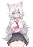  1girl animal_ear_fluff animal_ears black_skirt blue_eyes breasts cardigan drinking_straw fox_ears fox_girl grey_cardigan highres large_breasts long_hair looking_at_viewer milk_carton necktie off_shoulder original pleated_skirt poncho_(31103105) red_necktie school_uniform shirt simple_background sitting skirt smile solo thighs white_background white_hair white_shirt 