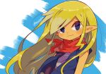  1girl alternate_costume blonde_hair commentary_request hair_down head_tilt highres jacket long_hair messy_hair neckerchief pointy_ears purple_shirt red_neckerchief shirt signature sleeveless sleeveless_jacket smile solo tan tetra the_legend_of_zelda the_legend_of_zelda:_the_wind_waker tokuura upper_body very_long_hair 