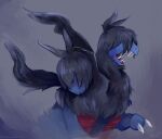  black_fur blue_fur claws commentary covered_eyes english_commentary fangs grey_background mintinol multiple_heads no_humans open_mouth painterly pokemon pokemon_(creature) solo two-tone_fur zweilous 