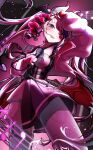  1girl absurdres breasts choker commentary demon_girl demon_horns demon_wings english_commentary flower hair_ornament head_wings heart heart_hair_ornament heterochromia highres holding holding_microphone horns ironmouse ironmouse_(15th_costume) jacket long_hair looking_at_viewer mameta_(jsck2558) microphone multicolored_hair open_mouth pink_choker pink_hair pink_jacket pointy_ears purple_eyes purple_hair red_eyes skirt spiked_choker spikes streaked_hair twintails virtual_youtuber vshojo white_horns wings 