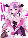  1girl ahoge breasts choker cleavage commentary demon_girl demon_horns demon_wings grin hair_ornament head_wings heart heart_ahoge heart_hair_ornament heart_o-ring heart_ring_choker heterochromia horns ironmouse ironmouse_(15th_costume) jacket large_breasts long_hair looking_at_viewer mowgenn multicolored_hair multiple_wings o-ring o-ring_choker pink_choker pink_hair pink_jacket pointy_ears purple_eyes purple_hair red_eyes skirt smile spiked_choker spikes streaked_hair twintails untranslatable_commentary virtual_youtuber vshojo white_horns wings 