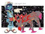  2others alt_text androgynous animal_ears antlers bag blue_hair blue_shirt blue_skin body_horror closed_mouth colored_skin commentary cosplay crossover deer_antlers deer_ears deltarune english_commentary frlg.ips hair_between_eyes hat hellspawnmotel horns horror_(theme) kris_(dark_world)_(deltarune) kris_(deltarune) leaf_(pokemon) leaf_(pokemon)_(cosplay) loose_socks melting millennium_(frlg.ips) multiple_others other_focus parody partially_shaded_face pointing poke_ball pokemon pokemon_(creature) pokemon_firered_and_leafgreen porkpie_hat red_skirt shaded_eye shirt short_hair simple_background skirt sleeveless sleeveless_shirt socks stantler static_background utdr_(toby_fox) weird_route_(deltarune) wristband yellow_bag 