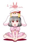  2girls :o animal_ears carrot_necklace commentary_request flandre_scarlet grey_hair highres inaba_tewi indian_style jewelry kurumizawa_taroh multiple_girls necklace on_head one_side_up pink_hair puffy_short_sleeves puffy_sleeves rabbit_ears rabbit_girl red_eyes short_sleeves sitting touhou translation_request white_hair yukkuri_shiteitte_ne 