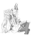  1girl arknights arm_up chinese_commentary closed_mouth coat commentary_request crossed_legs dress greyscale hair_over_one_eye hand_in_own_hair hand_on_own_knee highres horns invisible_chair joul_0704 long_hair long_sleeves monochrome necrass_(arknights) one_eye_covered profile simple_background sitting solo thighhighs torn_clothes torn_thighhighs twitter_username very_long_hair watermark white_background 