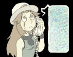  1girl black_background blue_shirt brown_eyes brown_hair commentary corded_phone english_commentary frlg.ips hat hellspawnmotel holding holding_phone horror_(theme) leaf_(pokemon) long_hair open_mouth phone pokemon pokemon_firered_and_leafgreen shirt simple_background sleeveless sleeveless_shirt solo speech_bubble static tears white_hat wristband 