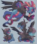  artist_name black_fur black_sclera blue_fur chocodiley claws colored_sclera covered_eyes deino_(pokemon) evolutionary_line fangs grey_background hydreigon multiple_heads no_humans open_mouth pokemon pokemon_(creature) red_eyes simple_background tail tongue tongue_out two-tone_fur zweilous 
