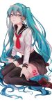  1girl alternate_costume aqua_eyes aqua_hair arm_tattoo black_sailor_collar black_skirt black_thighhighs brown_shoes closed_mouth commentary_request double-parted_bangs full_body hair_between_eyes hand_on_own_leg hatsune_miku highres kanbesan160 leg_tattoo loafers long_hair long_sleeves looking_at_viewer midriff miniskirt neckerchief pleated_skirt red_neckerchief sailor_collar sailor_shirt school_uniform serafuku shirt shoe_soles shoes sidelocks simple_background sitting skirt solo tattoo thighhighs thighs twintails very_long_hair vocaloid wariza white_background white_shirt zettai_ryouiki 