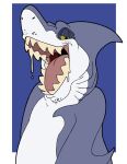  absurd_res anthro black_outline blue_background border fin fish gills grey_body half-closed_eyes head_fin hi_res imperatorcaesar looking_at_viewer male marine multicolored_body narrowed_eyes outline red_tongue shark simple_background solo tan_teeth tongue two_tone_body white_body white_border 