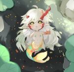  1boy afloat ahoge air_bubble amputee antlers bangs black_sclera blush broken_antler bubble chibi colored_sclera colored_skin day ecrsin facial_mark fins fish ibaraki_douji_(onmyoji) lily_pad long_hair looking_at_viewer male_focus merman monster_boy multicolored_skin nature navel nude onmyoji open_mouth partially_submerged pasties pointy_ears pond reaching red_skin scales solo very_long_hair water white_hair yellow_eyes 