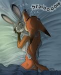  2022 3_toes 4_fingers absurd_res anthro bed bed_covers bedding butt canid canine claws cuddling disney duo eyes_closed feet female finger_claws fingers fox fur furniture grey_body grey_fur hand_on_back hand_on_head hi_res hindpaw humanoid_hands interspecies judy_hopps lagomorph larger_male leporid lying male male/female mammal nick_wilde nude on_bed paws predator/prey rabbit red_body red_fur signature size_difference sleeping smaller_female smile snoring sound_effects story story_in_description toes tush zootopia zzz 