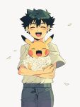  1boy :d ash_ketchum bangs blush_stickers closed_eyes commentary_request falling_petals flower grey_pants holding holding_pokemon male_focus open_mouth pants petals pikachu pokemon pokemon_(anime) pokemon_(creature) shirt short_hair short_sleeves smile smile_ball0401 t-shirt teeth tongue upper_teeth white_background white_flower 