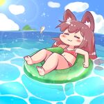  1girl :3 animal_ear_fluff animal_ears bikini blue_sky brown_hair buoy closed_eyes closed_mouth cloud fish imaizumi_kagerou light_particles long_hair maitora navel ocean outdoors red_bikini sky smile solo star_(symbol) swimsuit touhou wolf_ears 