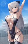  1girl absurdres arm_strap arms_up azur_lane bare_hips black_gloves black_panties blue_eyes blue_sky breasts cc_(c~fua) center_opening criss-cross_halter dress gloves grey_hair halter_dress halterneck highres large_breasts lens_flare long_hair looking_at_viewer mole mole_under_eye navel official_alternate_costume one_eye_closed open_mouth outdoors panties panty_straps pelvic_curtain race_queen revealing_clothes shoukaku_(azur_lane) shoukaku_(sororal_wings)_(azur_lane) sky solo standing thighhighs underwear 