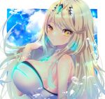  1girl bangs blonde_hair breasts chest_jewel headpiece highres large_breasts long_hair misosio_uma mythra_(radiant_beach)_(xenoblade) mythra_(xenoblade) one-piece_swimsuit ribbed_swimsuit solo strapless strapless_swimsuit striped striped_swimsuit swept_bangs swimsuit tiara two-tone_swimsuit vertical-striped_swimsuit vertical_stripes very_long_hair white_swimsuit xenoblade_chronicles_(series) xenoblade_chronicles_2 yellow_eyes 