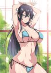  armpits arms_behind_head bikini black_hair blue_bikini blue_eyes breasts colored_skin gelatin_(alkaloid_no_baketsu) himegami_rizeru large_breasts long_hair maou_gakuen_no_hangyakusha_~_jinruihatsu_no_maou_kouho_kenzoku_shoujo_to_ouza_o_mezashite_nariagaru_~ navel sideboob smile swimsuit thick_thighs thighs underboob white_skin wide_hips 