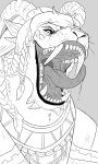  absurd_res anthro big_fangs bodily_fluids chin_horn clothing dripping eyebrows facial_horn greyscale hair hi_res horn imperatorcaesar inner_ear_fluff looking_at_viewer male monochrome mouth_shot open_mouth ridged_horn saliva saliva_drip saliva_on_tongue simple_background solo topwear tuft whiskers 