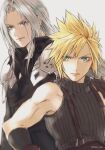  2boys 3wa_tari aqua_eyes armor bangs belt black_jacket blonde_hair cloud_strife final_fantasy final_fantasy_vii final_fantasy_vii_remake gloves grey_background grey_hair grey_shirt hair_between_eyes jacket long_hair male_focus multiple_boys muscular muscular_male open_collar parted_bangs sephiroth shirt short_hair shoulder_armor sleeveless sleeveless_turtleneck spiked_hair suspenders turtleneck twitter_username upper_body 