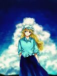  1girl alternate_costume bangs blonde_hair blue_dress blue_eyes blue_shirt blue_sky closed_mouth cloud cloudy_sky collared_shirt commentary_request dress feet_out_of_frame hat highres kihaji140 long_hair looking_at_viewer maribel_hearn mob_cap shirt sky sleeves_past_elbows smile solo touhou white_headwear wind 
