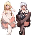  2girls 3: arm_up arm_warmers ass bare_shoulders black_dress black_panties blonde_hair blue_eyes breasts brown_thighhighs closed_mouth collarbone commission convenient_leg covered_navel detached_sleeves dress feet foreshortening garter_straps hair_ornament hairclip highres jewelry leg_up leotard long_hair long_sleeves looking_at_viewer medium_breasts multiple_girls necklace no_shoes original panties panties_around_one_leg pharamacom pointy_ears red_eyes second-party_source short_dress simple_background sitting smile stirrup_legwear strapless strapless_leotard thighhighs tiara toeless_legwear toes underwear white_background white_hair white_panties white_thighhighs 
